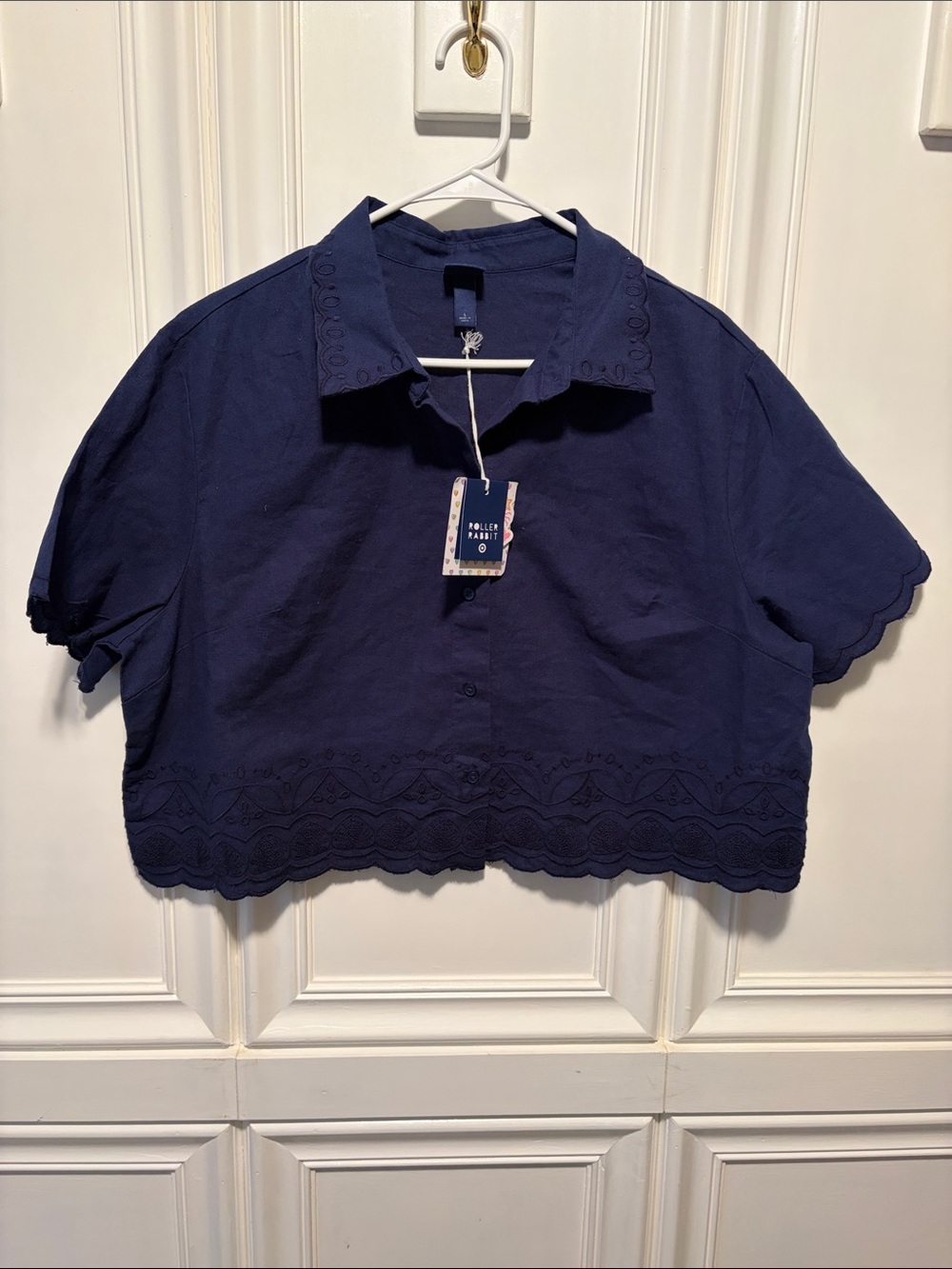 Roller Rabbit Navy Blue Cropped Eyelet Button-Up Top